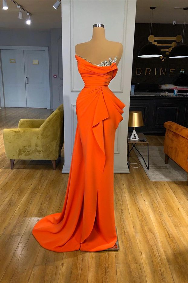Oknass Orange Sequins Mermaid Online Strapless Prom Dress With Sleeveless
