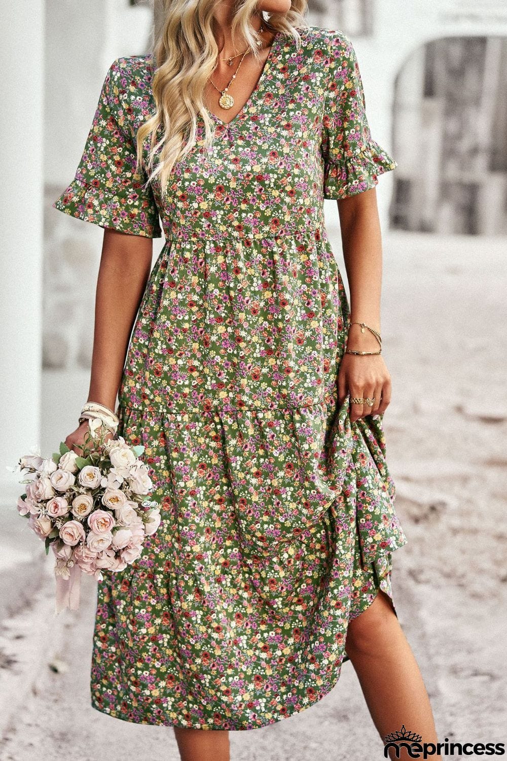 Floral V-Neck Flounce Sleeve Midi Dress