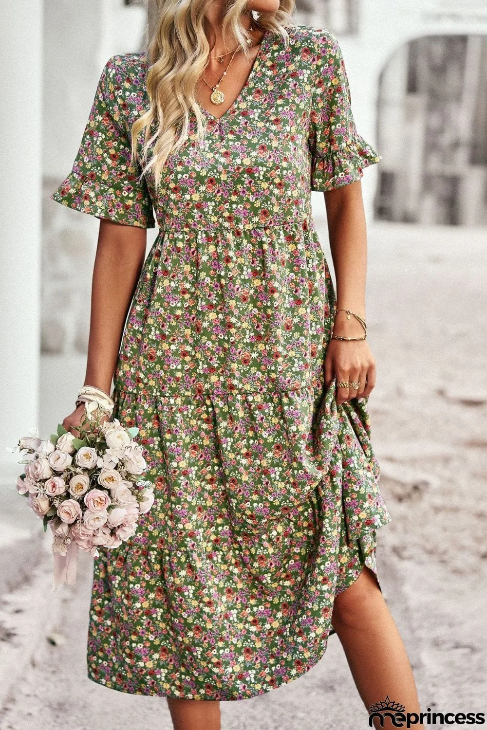 Floral V-Neck Flounce Sleeve Midi Dress