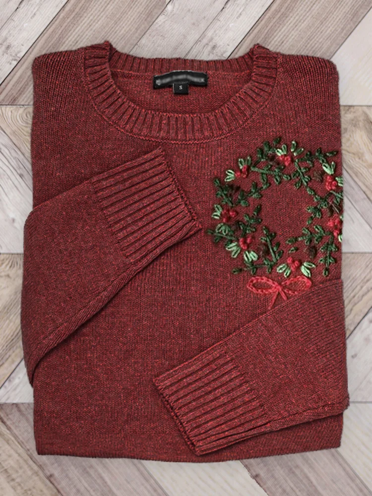 Christmas Wreath Embroidered Cozy Knit Sweater