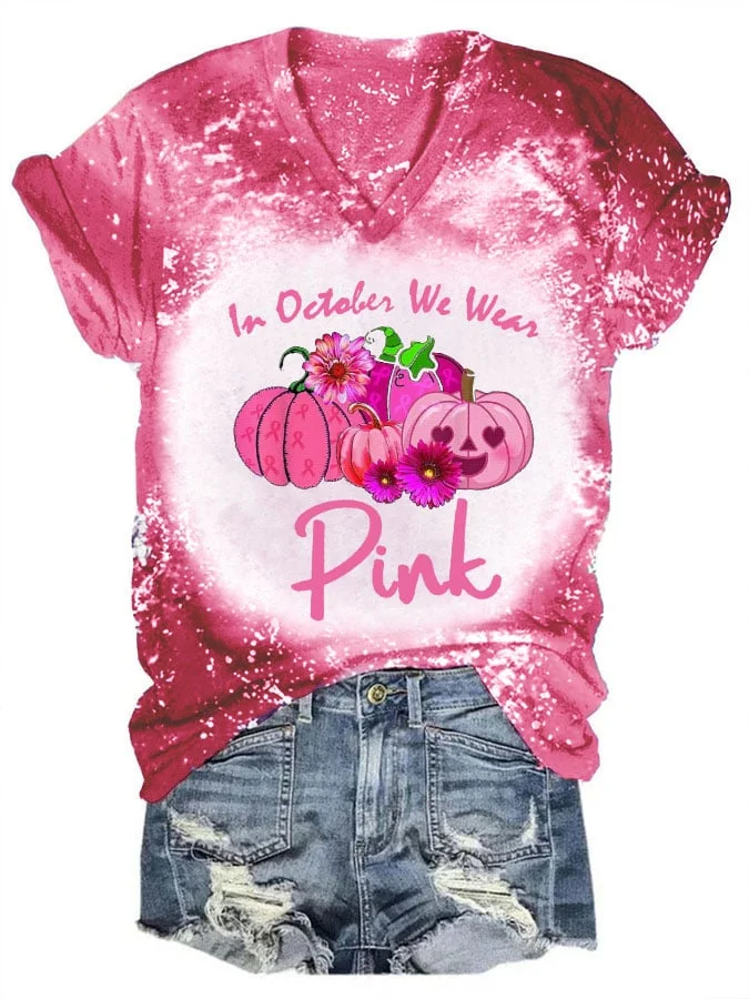 Women's In October We Wear Pink Pumpkins Print T-Shirt socialshop