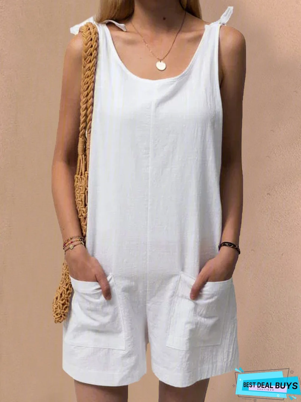 Pockets Sleeveless Casual Linen Romper