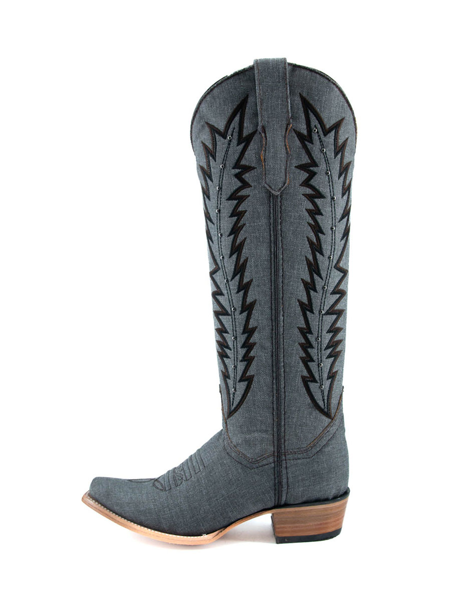 Denim Blue Textile Snip Toe Embroidered Knee High Cowgirl Boots With Chunky Heels