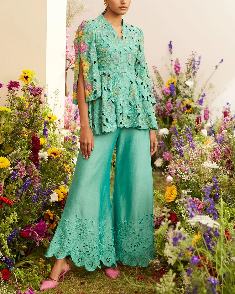 Aqua Cutwork Flared Pants And Top Two Piece Set