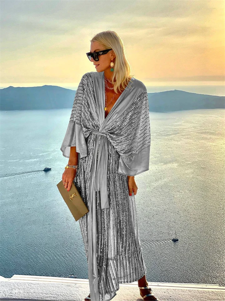 Spring and Summer Temperament Women's Sequin V-neck Cardigan Bat Sleeve Mid-waist Elegant Wind Party Vacation Dress-JRSEE