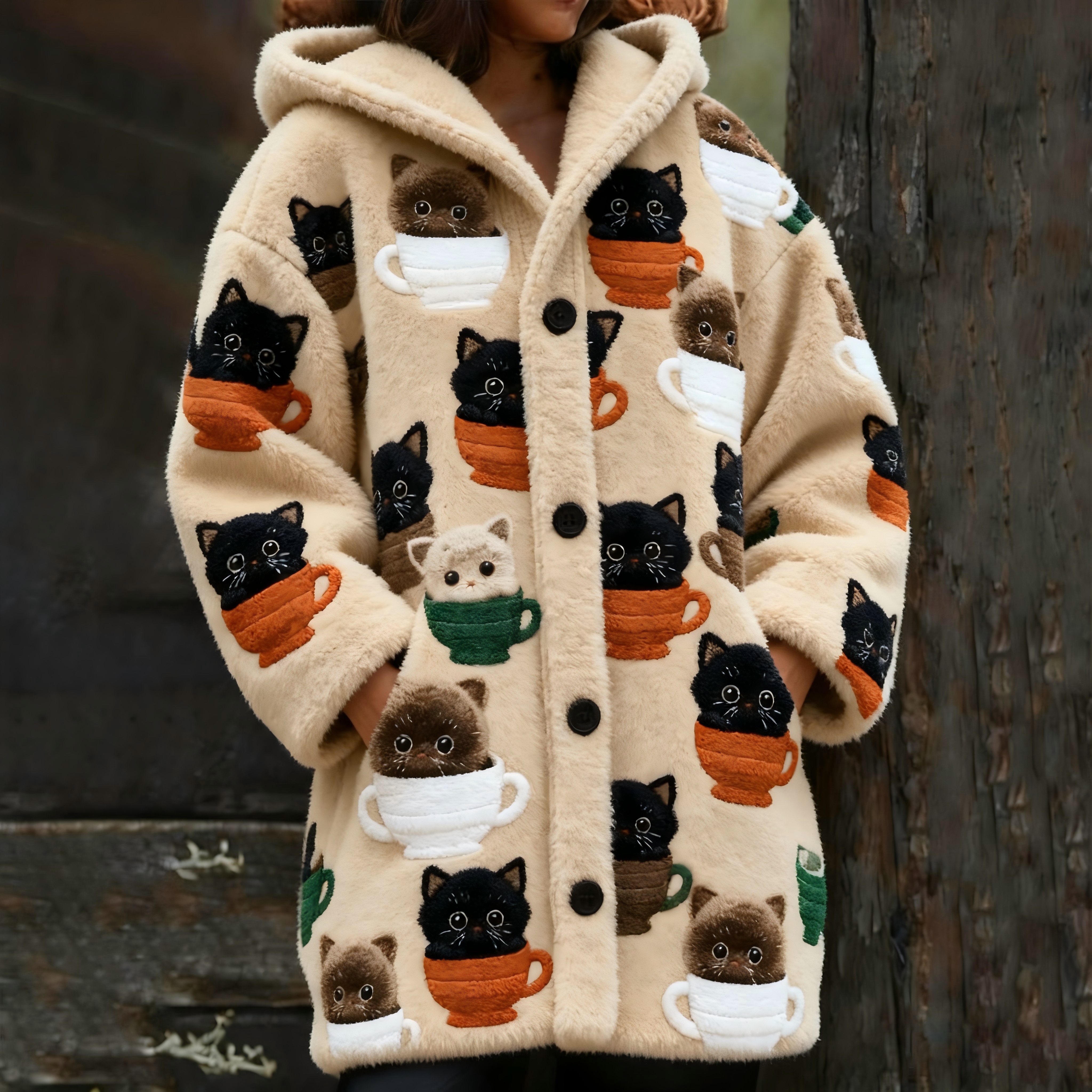 Women's Cute Cat Coffee Cup Graphic Cozy Hooded Knit Cardigan elevenforest