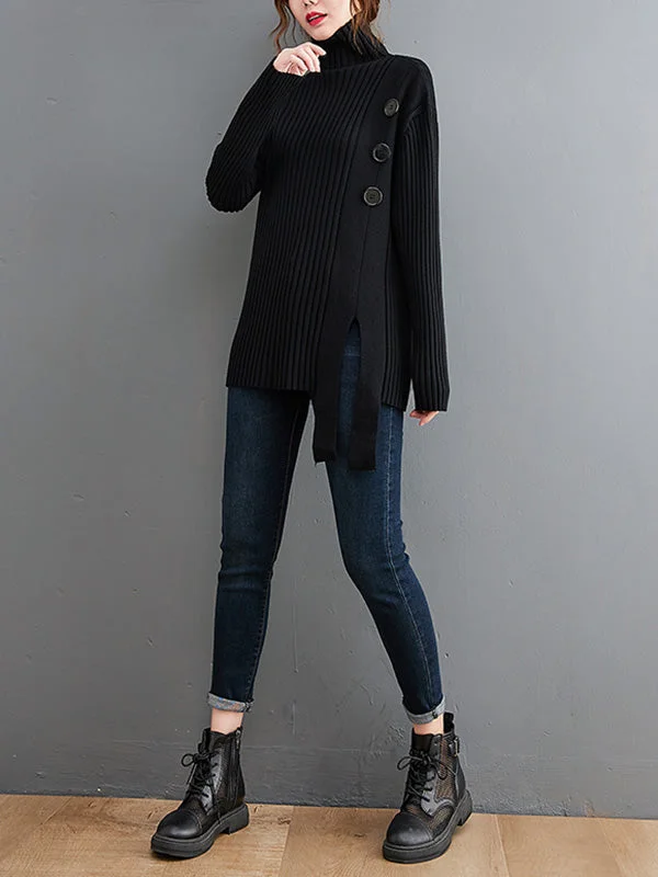 Urban Buttoned Split-Side Asymmetric Split-Joint High-Neck Sweater