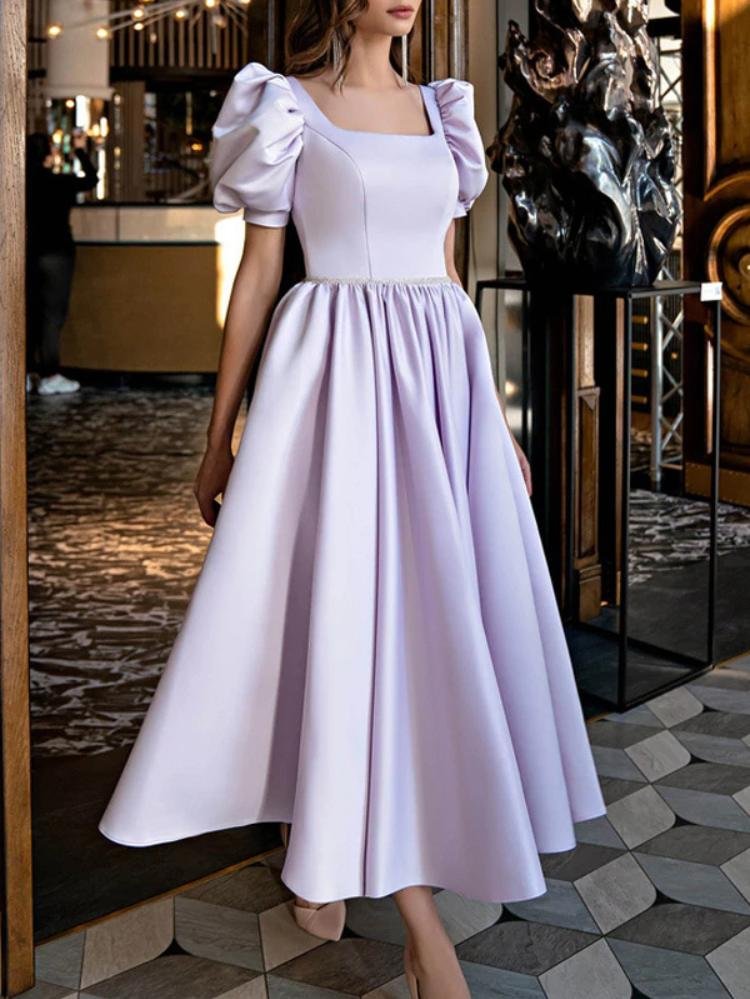 Neosepa-Sweet Square Neck Bubble Sleeve Defined Waist Pleated Skirt Purple Prom Gown