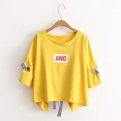 FTLZZ New Summer Crop Tops Women T Shirt Letter Print Short Sleeve Cotton Loose Yellow Black White Short T-shirt