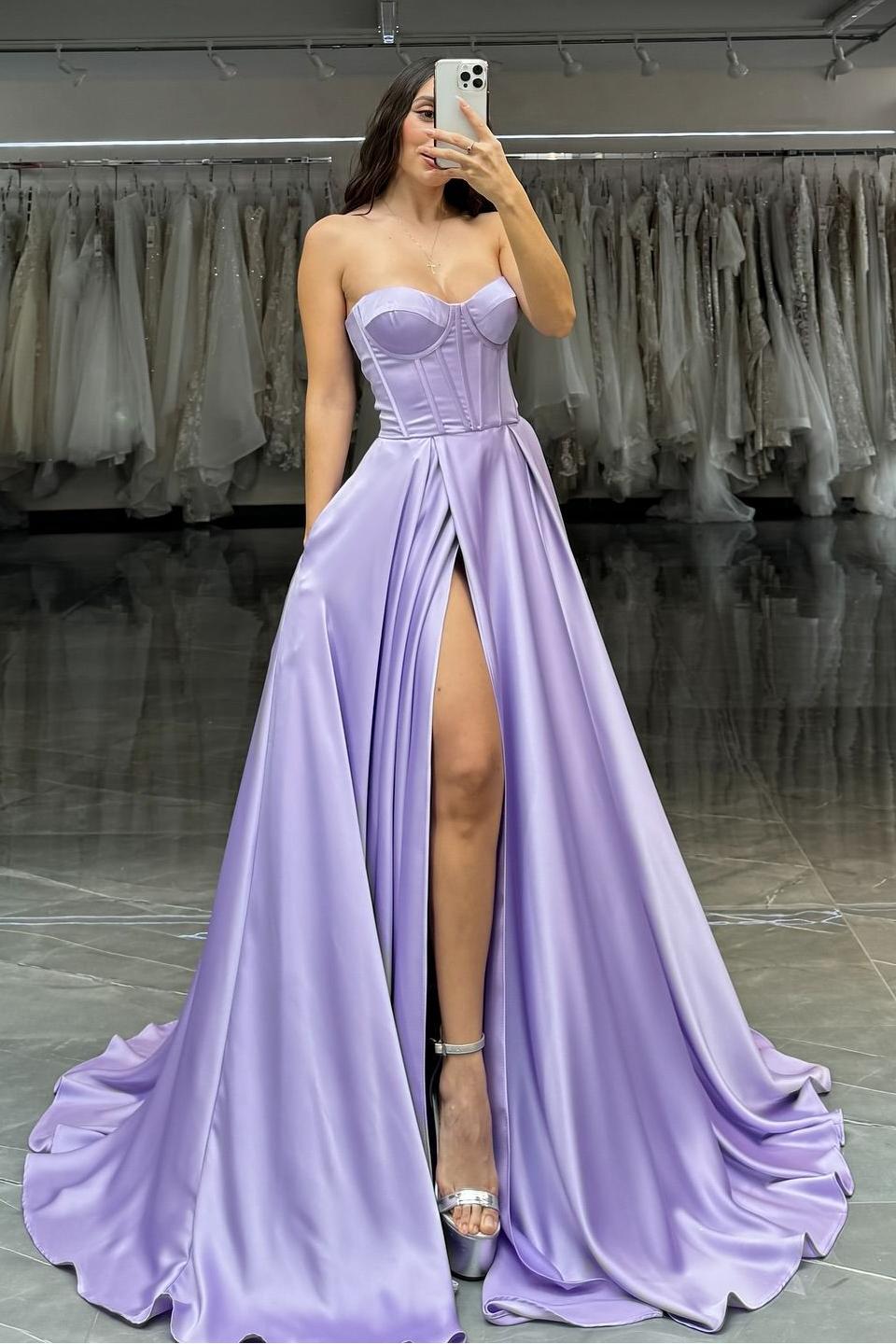 Simple Lilac Satin Sleeveless Strapless Prom Dress with Split | MS0269  