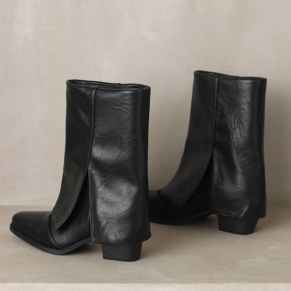 Block Heel Snip Toe Mid Calf Black Western Slip On Fold Over Boots