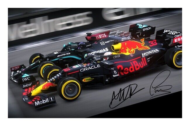 Max Verstappen Lewis Hamilton Abu Dhabi Signed A4 Photo Poster painting Print Autograph