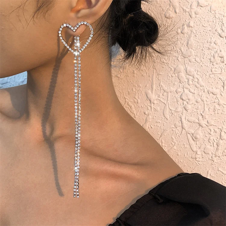 Fashion White Heart Shape Fringe Diamond Earrings  Flycurvy [product_label]