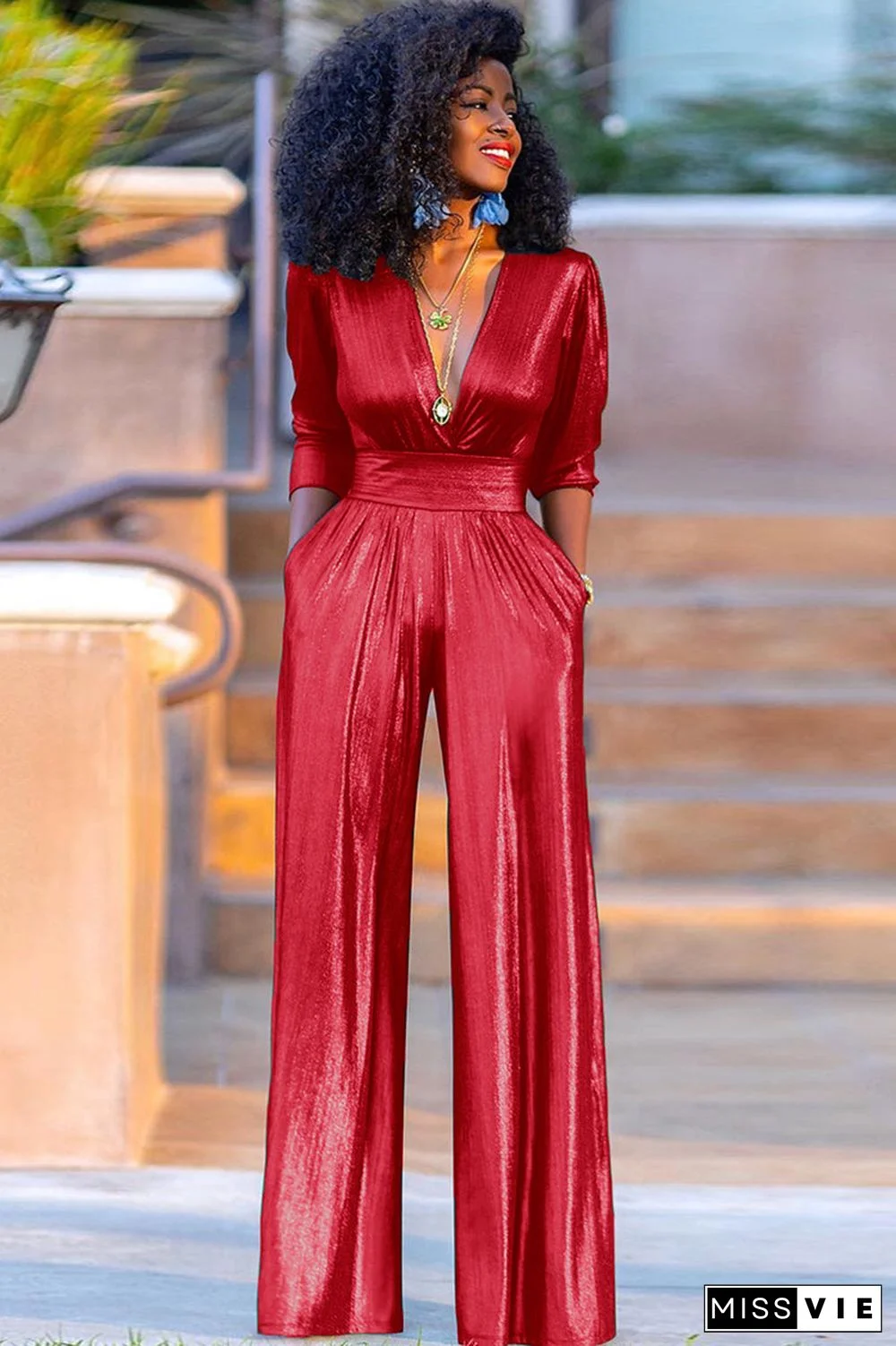 Party Reflective Half Sleeve V Neck Wide Leg Jumpsuit