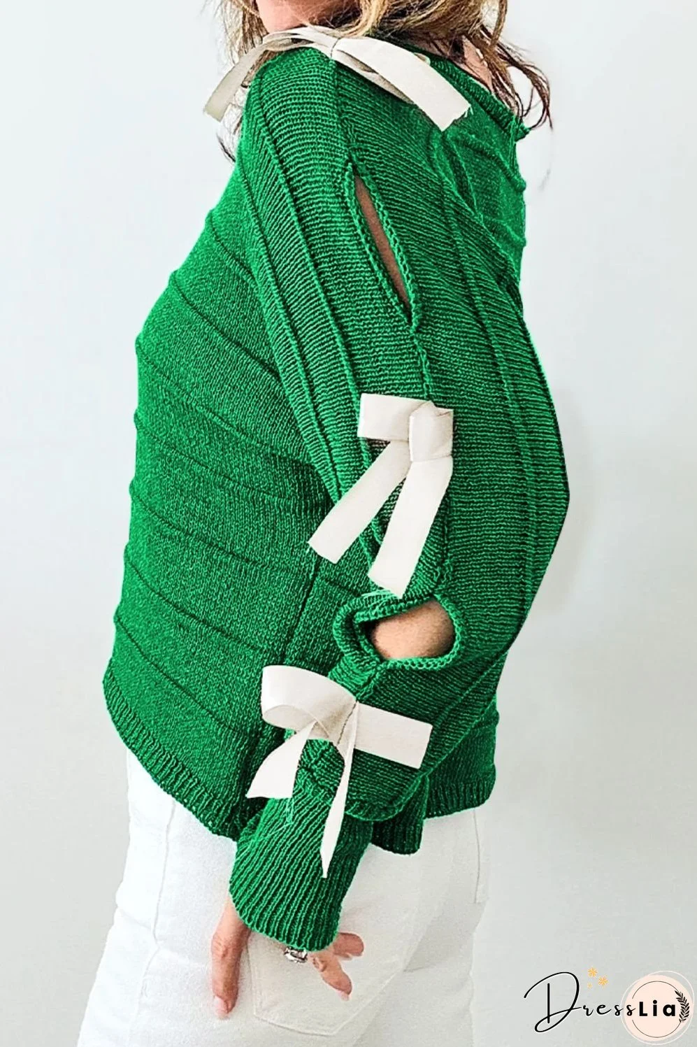 Bow Cutout Round Neck Long Sleeve Knit Top