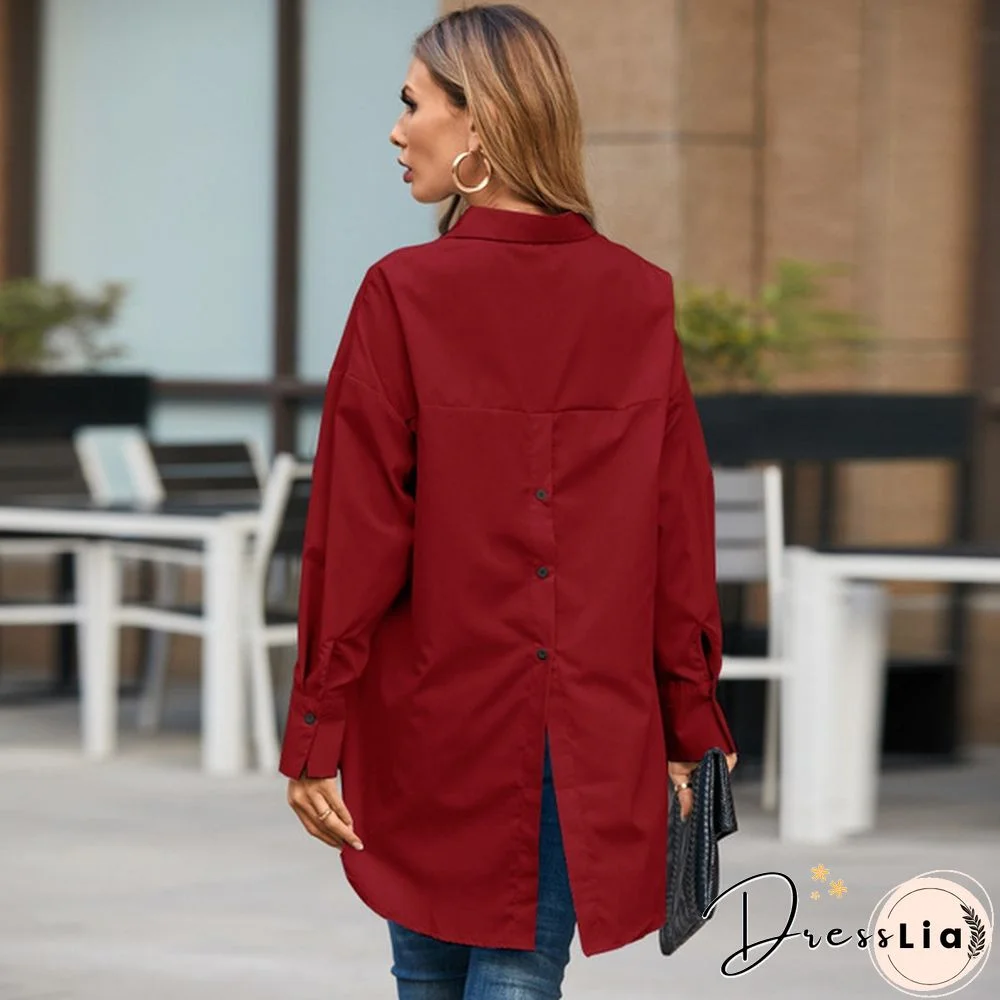 S-5XL Women Solid Color Lapel Button Long Sleeve Blouse Casual Elegant Loose Streetwear Tops Shirt Plus Size Manteau