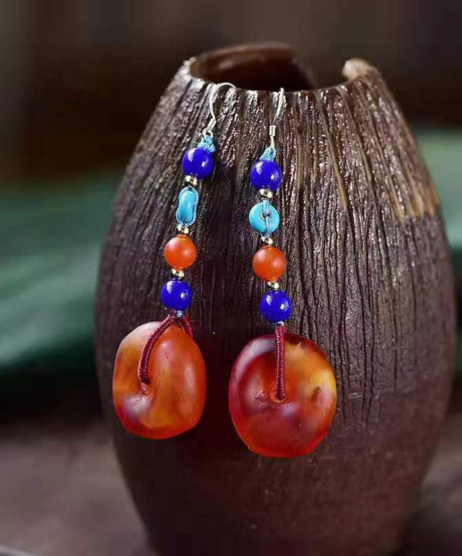 VCSHOES Red Sterling Silver Resin Beeswax Safety Buckle Drop Earrings