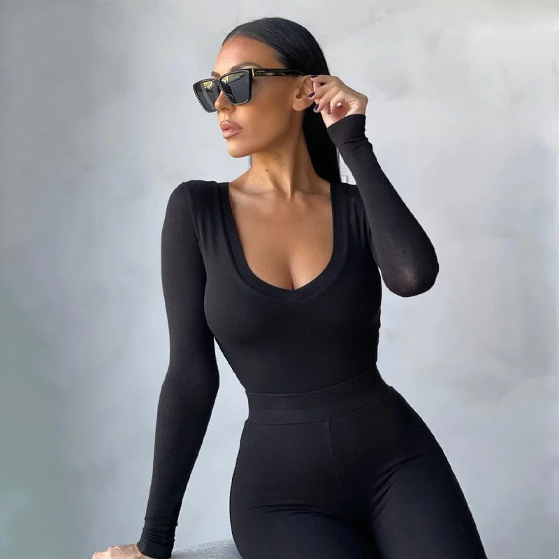 Dulzura Solid Women Long Sleeve Bodysuit Bodycon Sexy Streetwear 2021 Spring Summer Warm Body Romper Basic