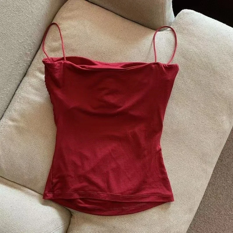 Brownm Tops Women with Built in Bra Spaghetti Strap Tanks for Woman Solid Color Casual Summer Camis Female Korean Style Dropship