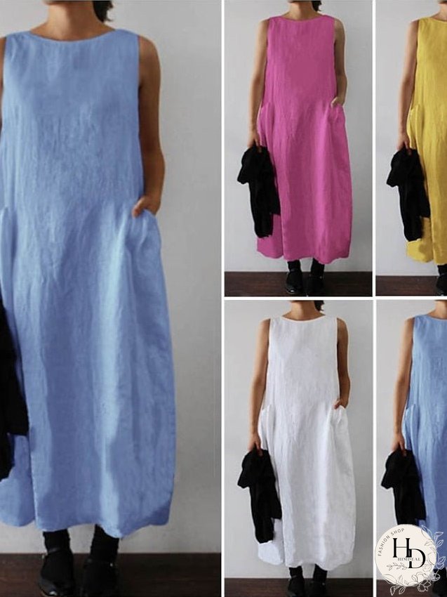Cotton Linen Dress Maxi long Dress Cotton Blend Casual Comfort Home Daily Crew Neck Pocket Sleeveless Summer Spring Loose Fit White Yellow Fuchsia Pure Color S M L XL 2XL for Women
