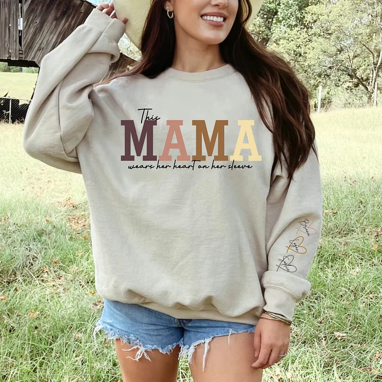 🔥Mother's Day Sale🔥Personalized MAMA Wears Her Heart On Her Sleeve Sweatshirt,Gift For Mom
