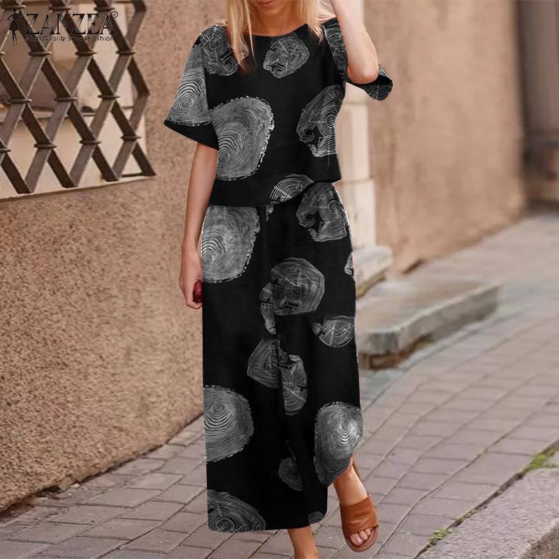 2022 Summer Floral Wide Leg Tracksuits Female Women Casual Cotton Matching Sets ZANZEA Bohemian Printed Short Sleeve Pant Sets