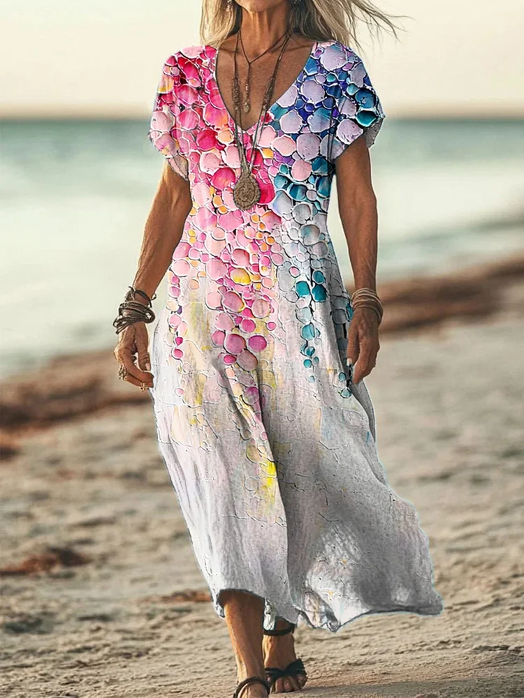 Women's Colorful Oil Painting Textured Linen Blend Dress
