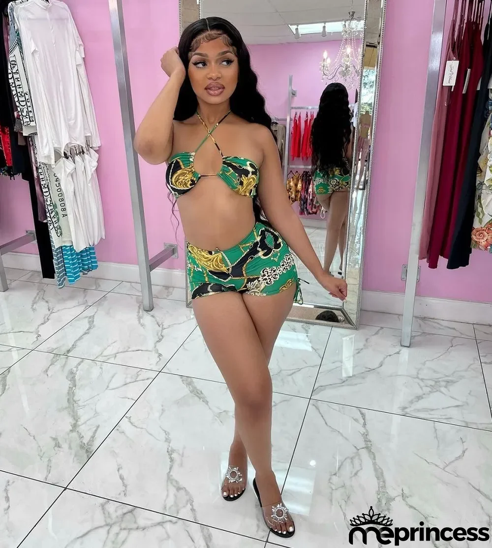 Sexy Printed Halter Two Piece Shorts Set
