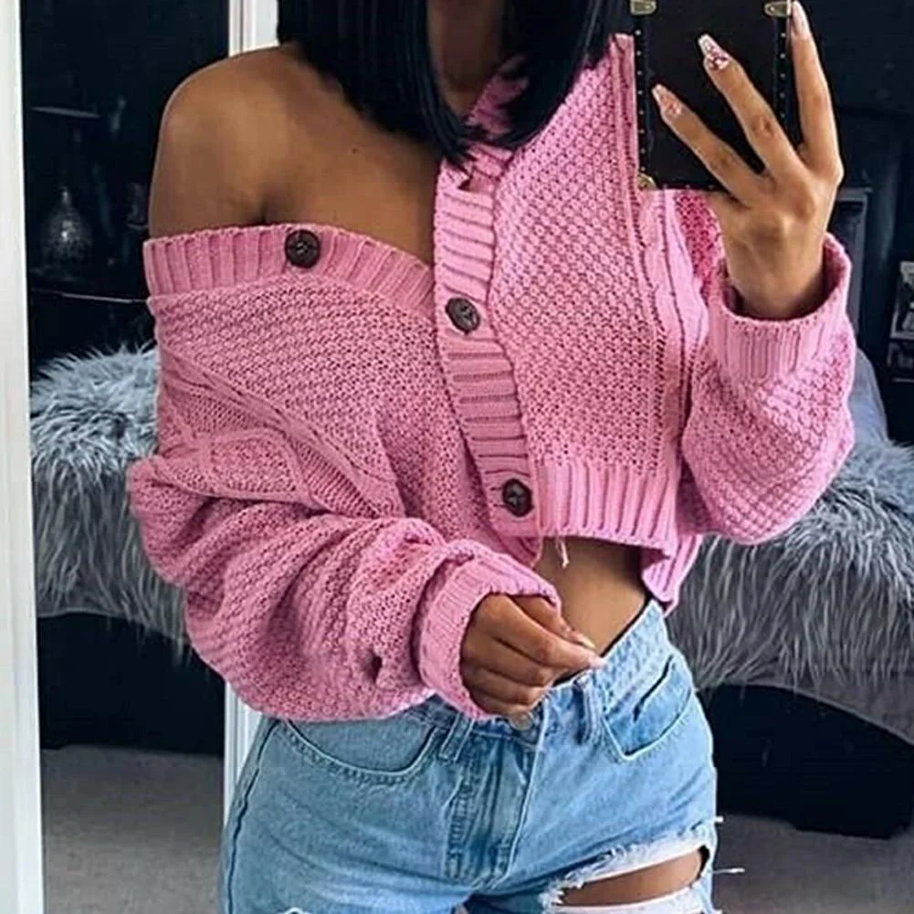 Women Knitted Casual Cardigan Autumn Short Jacket Loose Cropped Sweater Buttons Cardigan Long Sleeve Sweater Coat Outwear