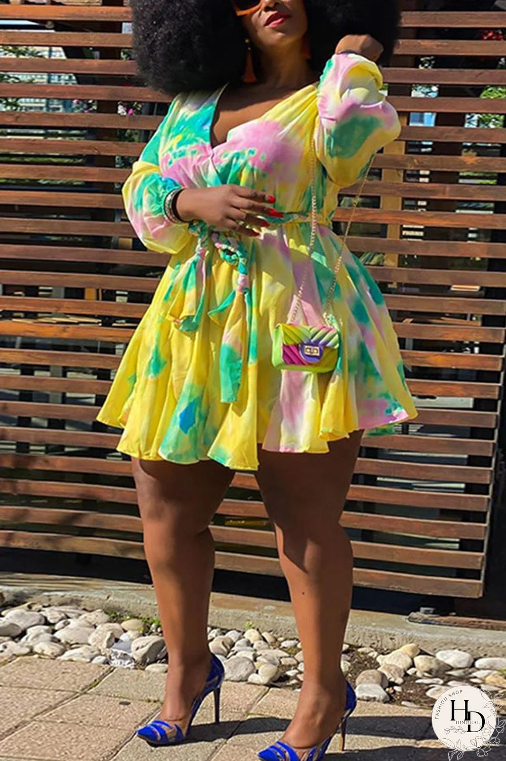 Yellow Sexy Print With Belt V Neck A Line Plus Size