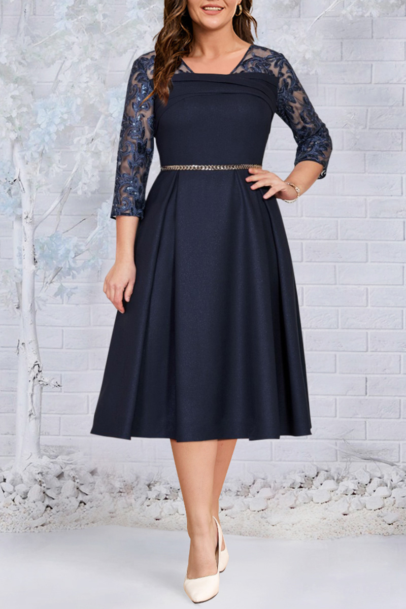 Flycurvy Plus Size Formal Navy Blue Embroidery Patchwork Boat Neck Tunic Midi Dress 2024 - Flycurvy 