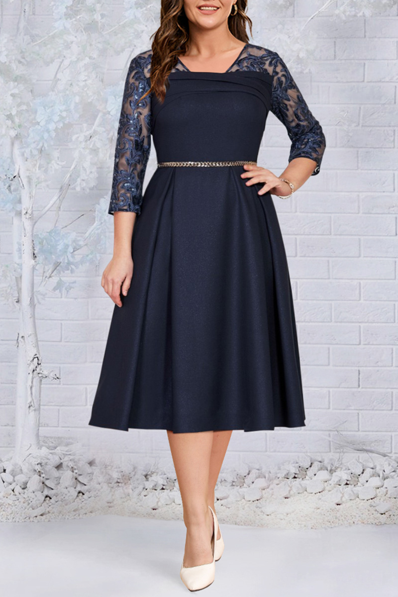 Flycurvy Plus Size Formal Navy Blue Embroidery Patchwork Boat Neck ...