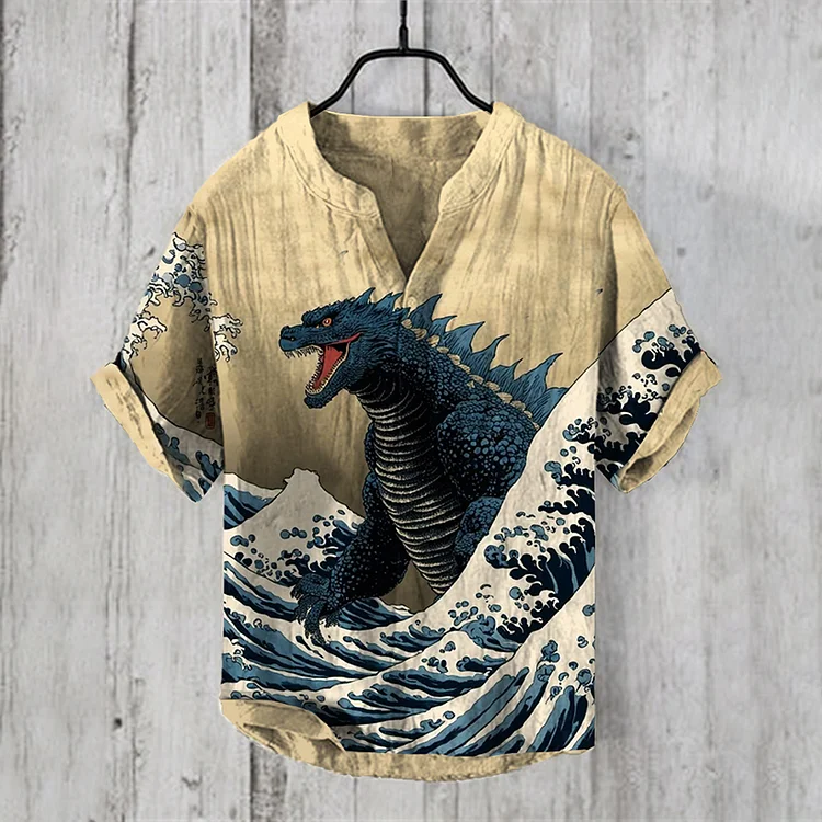 Vintage Godzilla & Waves Japanese Art  Linen Blend Shirt