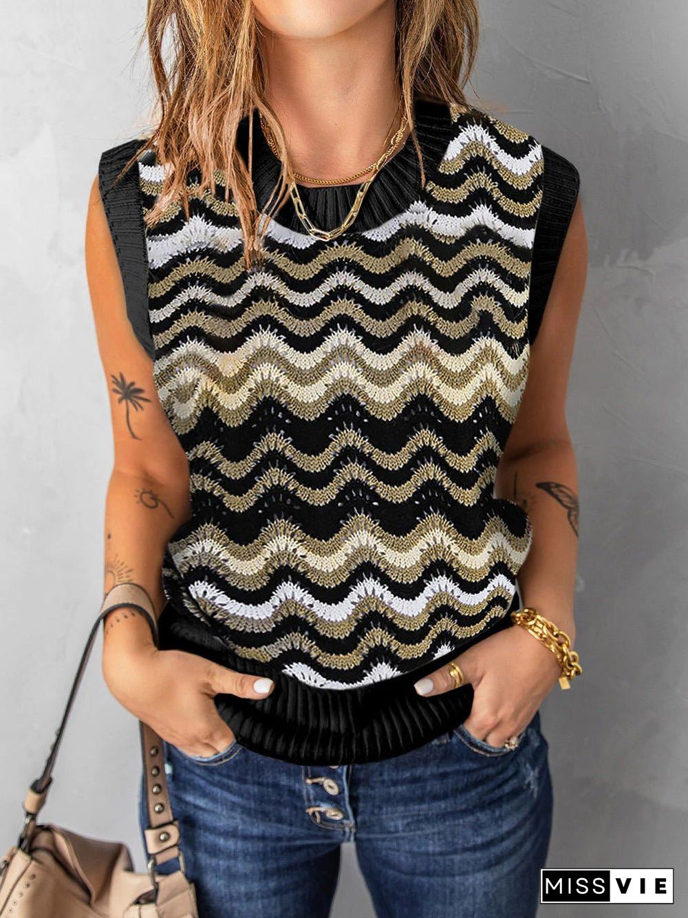 Women'S Tank Tops Wavy Stripe Crewneck Knit Tank Top