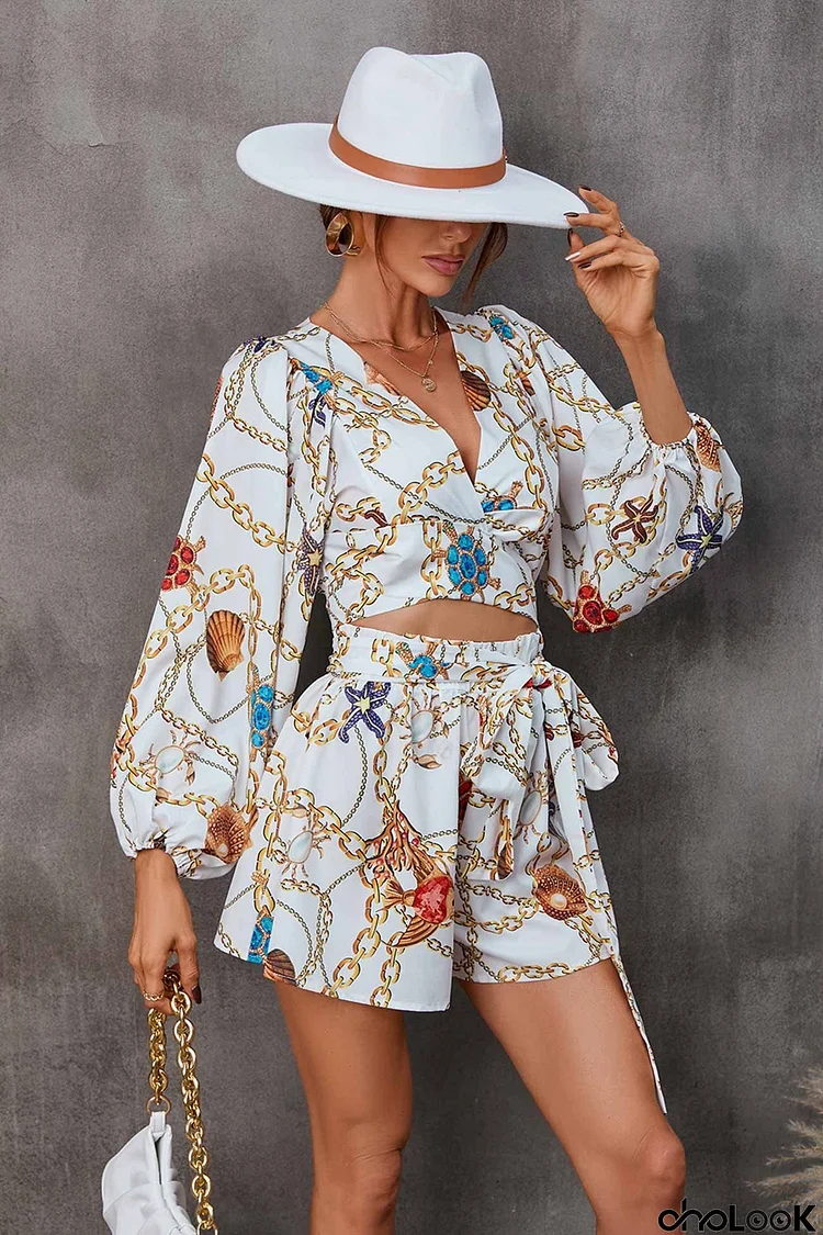 V Neck Printed Cut-Out Rompers