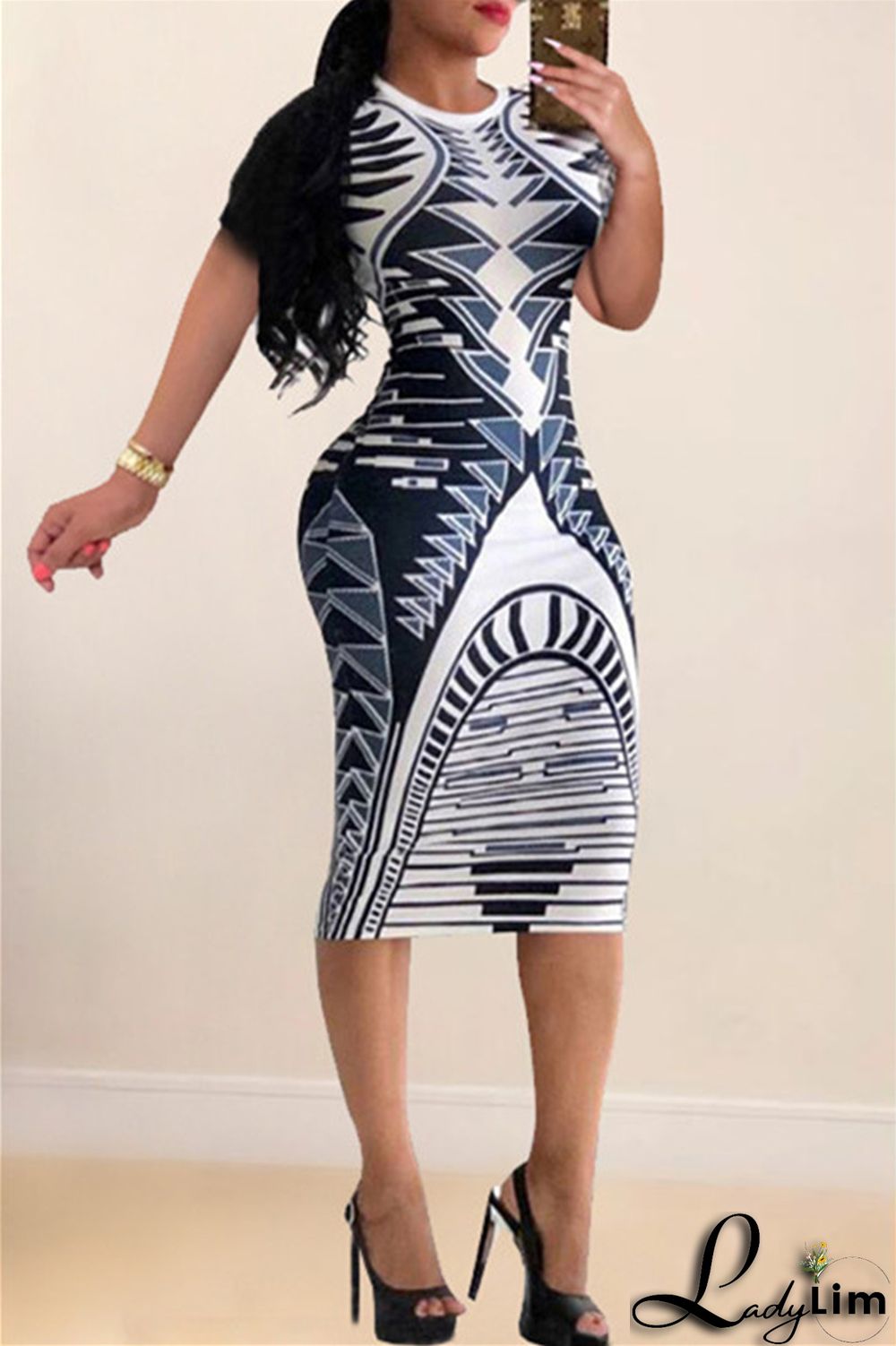 Blue Fashion Casual Print Basic O Neck Short Sleeve Dress