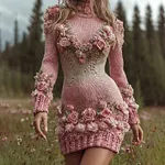 Women's Pink Rose Embroidered Art Knit Turtleneck Mini Sweater Dress - Image 2