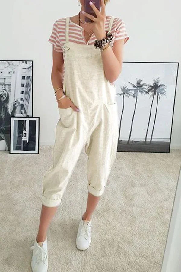 Womens Casual Home Pocket Cotton Suspender Long Jumpsuit-Allyzone-Allyzone