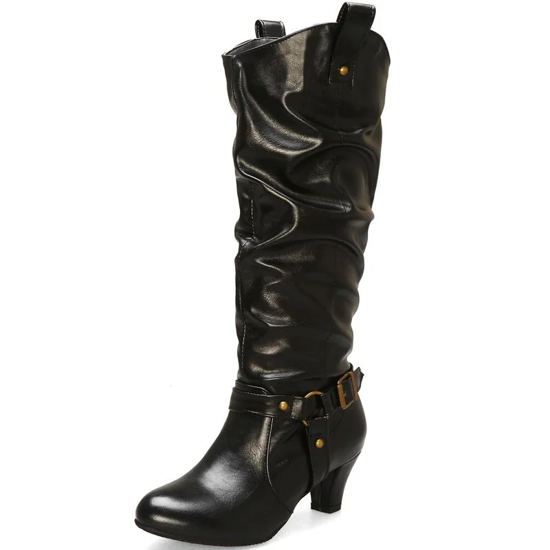 High Quality Woman Pleated Leather Vintage Boots