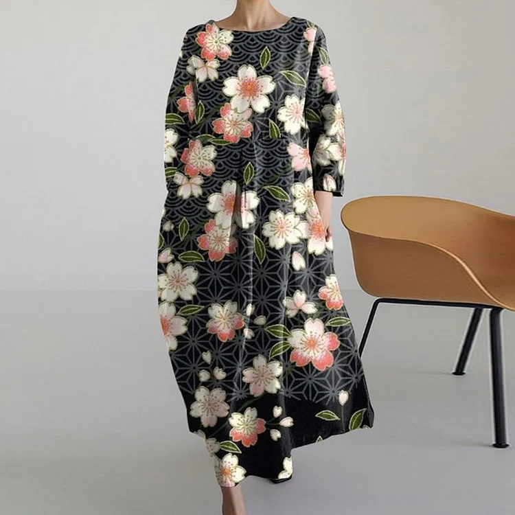 VChics Japanese Sakura Round Neck Long Sleeve Midi Dress ​