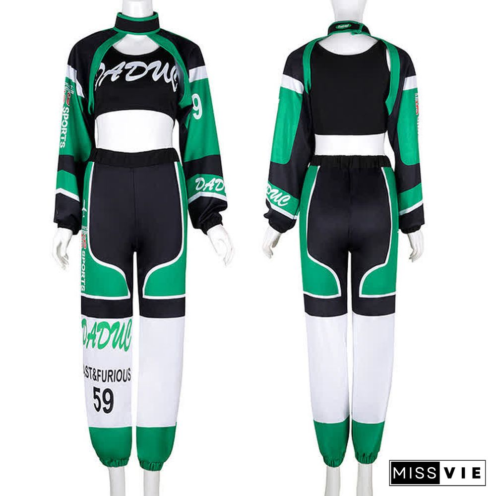 Letter Print Crop Top Shorts Mini Skirt Pants Colorblock Three Pieces Set