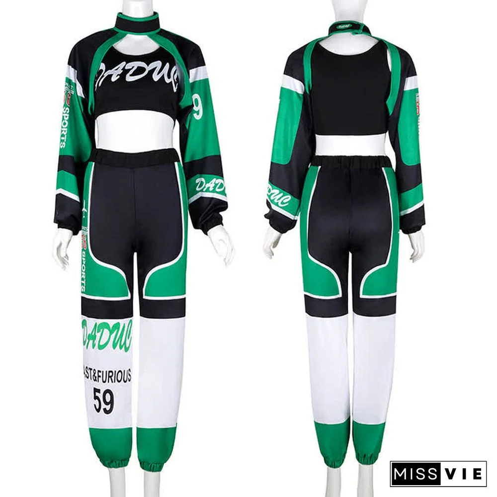 Letter Print Crop Top Shorts Mini Skirt Pants Colorblock Three Pieces Set