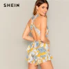 SHEIN Boho Crisscross Open Back Jungle Leaf Print Ruffle Rompers Womens Playsuit Summer Sleeveless Casual Sexy Beach Playsuits