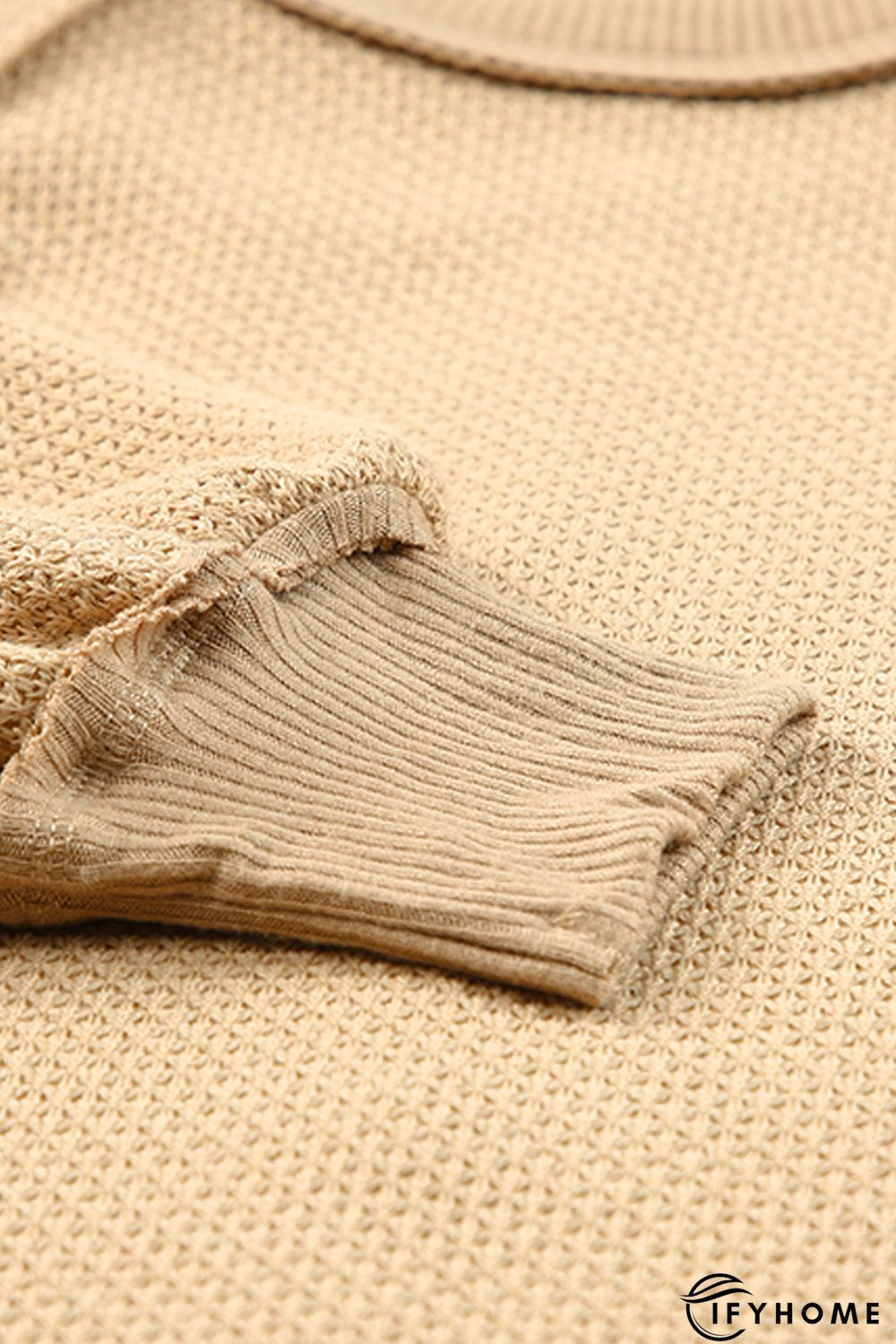 Khaki Waffle Knit Patchwork Oversized Pullover Sweatshirt | IFYHOME