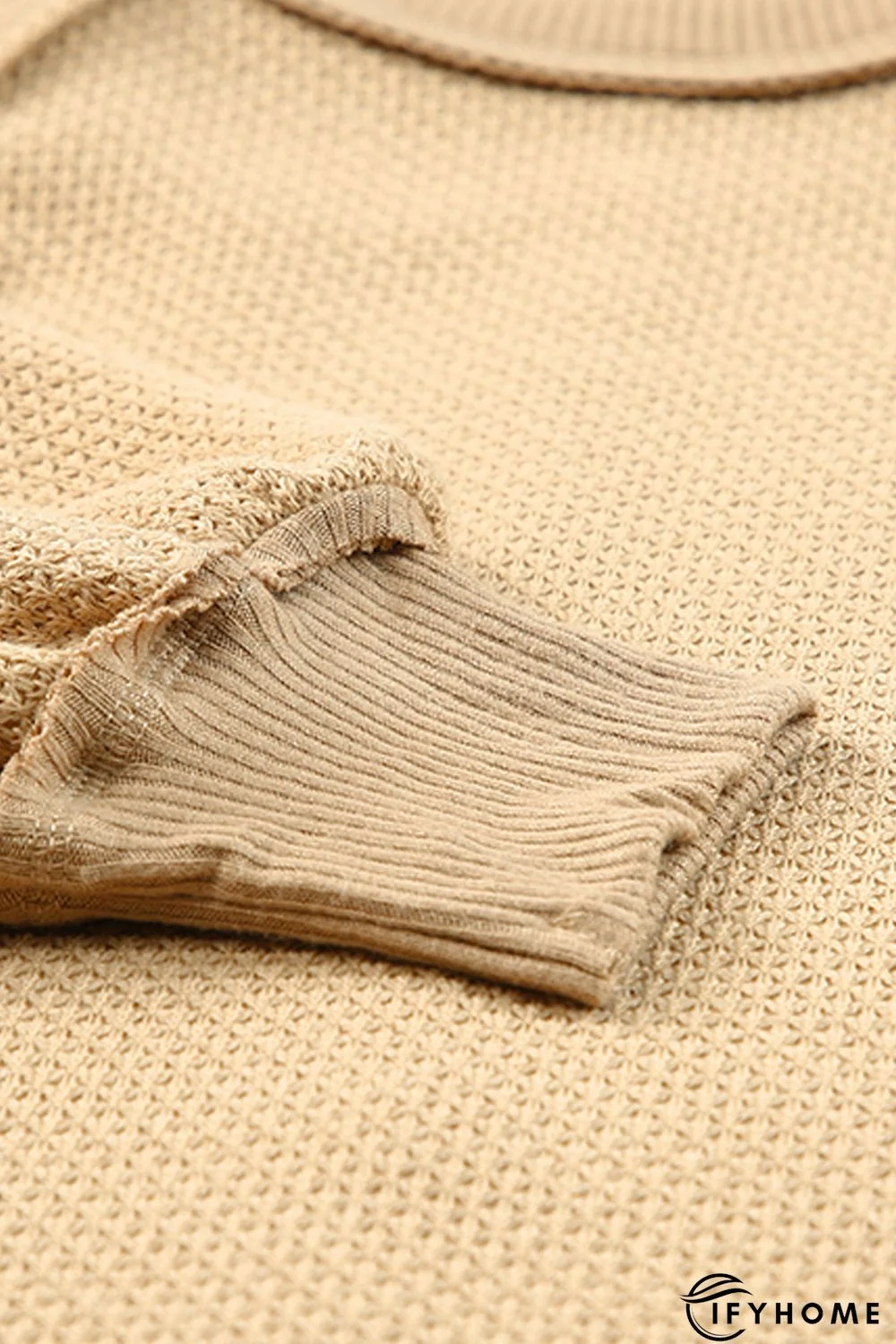 Khaki Waffle Knit Patchwork Oversized Pullover Sweatshirt | IFYHOME