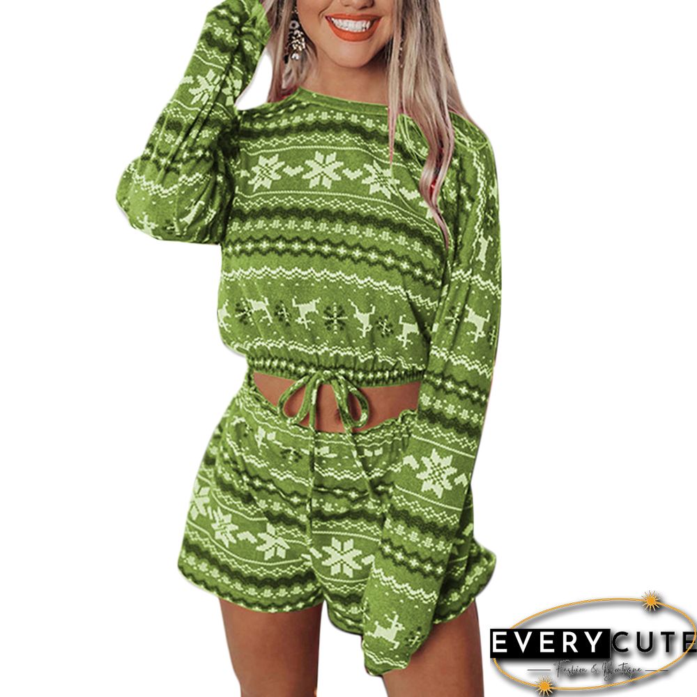 Green Silver Fox Velvet Snowflake Print Christmas Long Sleeve Shorts Set