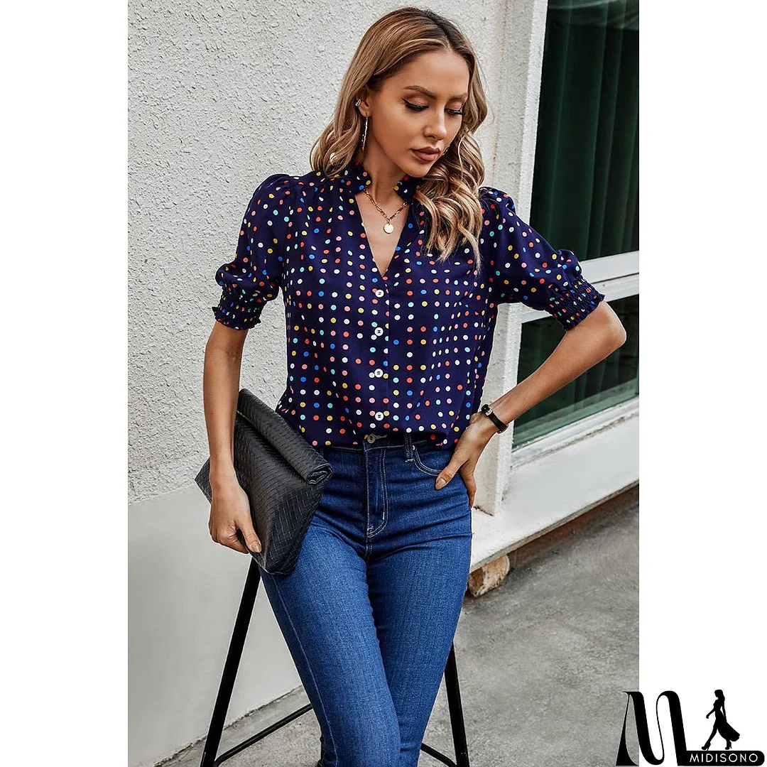 MidiSono - Polka Dot Print Puff Sleeve Button Shirt