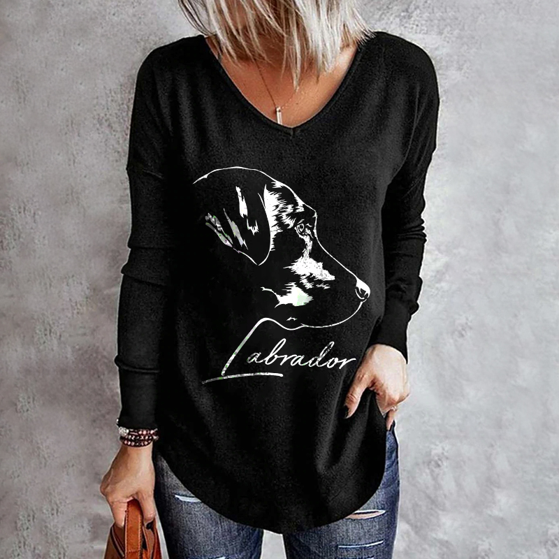 Labrador Print V-Neck Long Sleeve T-Shirt wearshes