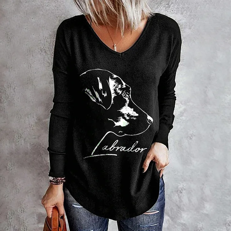 Wearshes Labrador Print V-Neck Long Sleeve T-Shirt