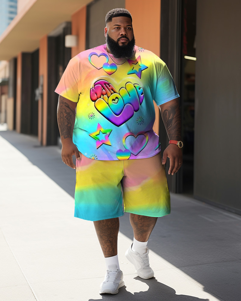 Men's Large Size Street Cartoon Color Block Love Colorful Graffiti Short Sleeve Shorts Set